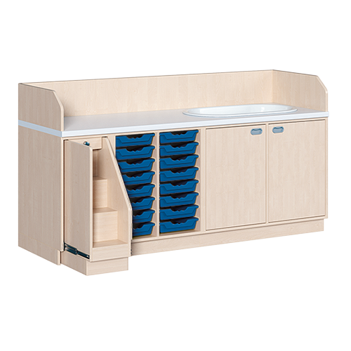 Wickelkommode, dreireihig zuzüglich Badewanne B/H/T: 213x113x91,5 cm, Ausziehbarer Aufstieg links, 16 Boxen und Badewanne rechts