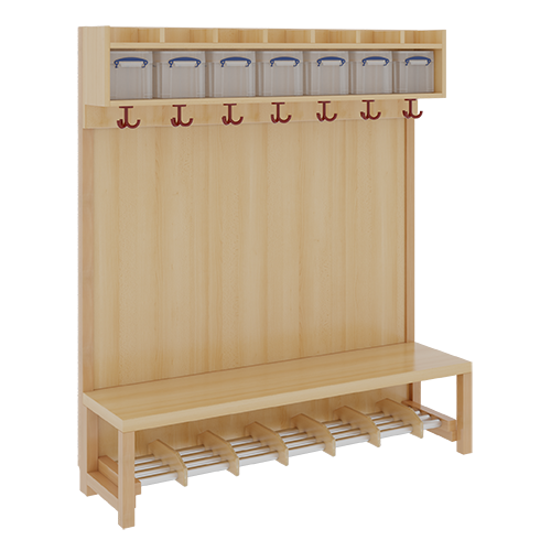 Komplettgarderobe mit einfacher Ablage inklusive Boxen B/H/T: 140x158x39 cm, 7 Plätze, Sitzhöhe 42 cm, mit Paneelrückwand, Schuhrost aus Aluminiumrohren mit Trennungen