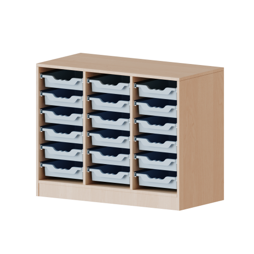 ErgoTray Regal, dreireihig, 2 Ordnerhöhen - evo180 Serie B/H/T: 104,5x82x40 cm, mit Sockel (81 mm), 18 flache ErgoTray Boxen