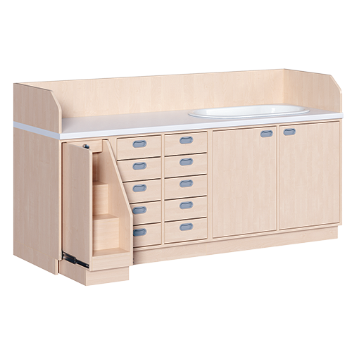 Wickelkommode, dreireihig zuzüglich Badewanne B/H/T: 213x113x91,5 cm, Ausziehbarer Aufstieg links, 10 Schübe und Badewanne rechts