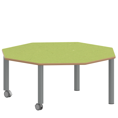 Tisch ZALOTTI mit Linoleum-Belag Achtecktisch, B/H/T: 120x41x120 cm, Stahlrohrbeine Ø 60 mm, Fußvariante: fahrbar, Tischbeine mit RAL-Farbe 9006 (weißaluminium)