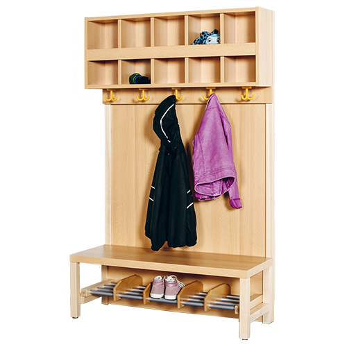 Komplettgarderobe mit doppelter Ablagereihe B/H/T: 100x158x39 cm, 5 Plätze, Sitzhöhe 42 cm, Stütze mit Paneelrückwand in Buche-hell, Schuhrost aus Aluminiumrohren mit Trennungen