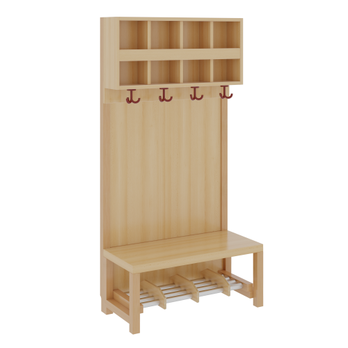 Komplettgarderobe mit doppelter Ablagereihe B/H/T: 80x158x39 cm, 4 Plätze, Sitzhöhe 34 cm, Stütze mit Paneelrückwand in Buche-hell, Schuhrost aus Aluminiumrohren mit Trennungen