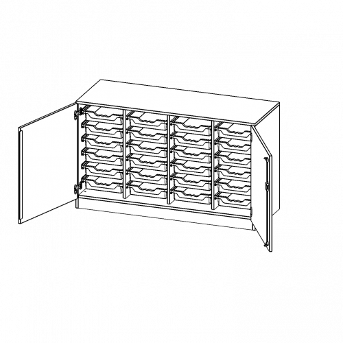 ErgoTray Schrank, vierreihig, 2 Ordnerhöhen - evo180 Serie B/H/T: 138,7x82x50 cm, zweitürig, mit Sockel (81 mm), mit 24 flachen ErgoTray Boxen