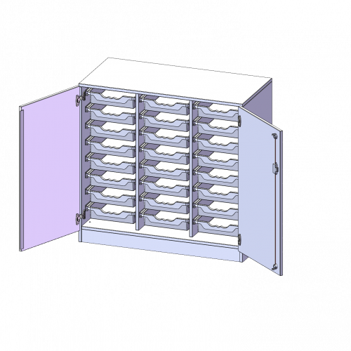 ErgoTray Schrank, dreireihig, 2,5 Ordnerhöhen - evo180 Serie B/H/T: 104,5x100x50 cm, zweitürig, mit Sockel (81 mm), mit 24 flachen ErgoTray Boxen