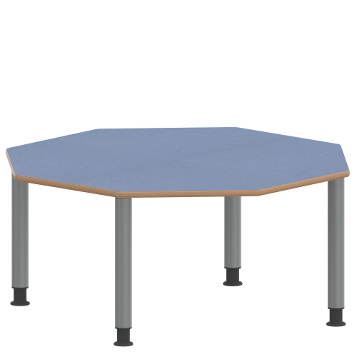 Tisch ZALOTTI mit Linoleum-Belag Achtecktisch, B/H/T: 120x41x120 cm, Stahlrohrbeine Ø 60 mm, Fußvariante: höhenverstellbar (41/55 cm), Tischbeine mit RAL-Farbe 9006 (weißaluminium)