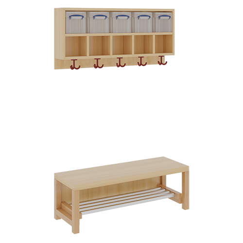 Komplettgarderobe mit doppelter Ablagereihe inklusive Boxen B/T: 100x35 cm, 5 Plätze, Sitzhöhe 34 cm, 2teilig ohne Stütze, Ablage zur Wandmontage, mit Alurohr-Schuhrost