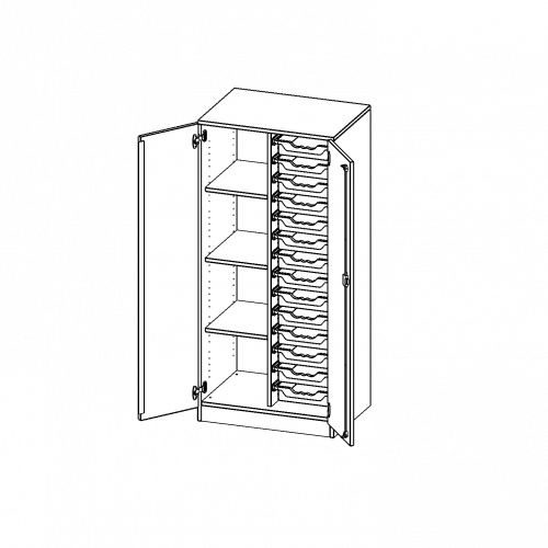 ErgoTray Schrank, zweireihig, 4 Ordnerhöhen - evo180 Serie B/H/T: 70,3x154x50 cm, zweitürig, mit Sockel (81 mm), mit 14 flachen ErgoTray Boxen