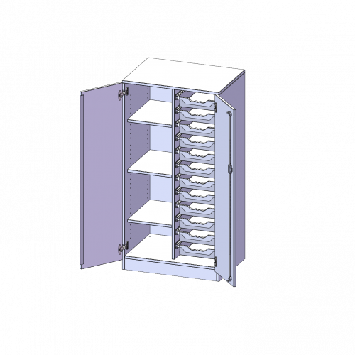 ErgoTray Schrank, zweireihig, 3,5 Ordnerhöhen - evo180 Serie B/H/T: 70,3x136x50 cm, zweitürig, mit Sockel (81 mm), mit 12 flachen ErgoTray Boxen