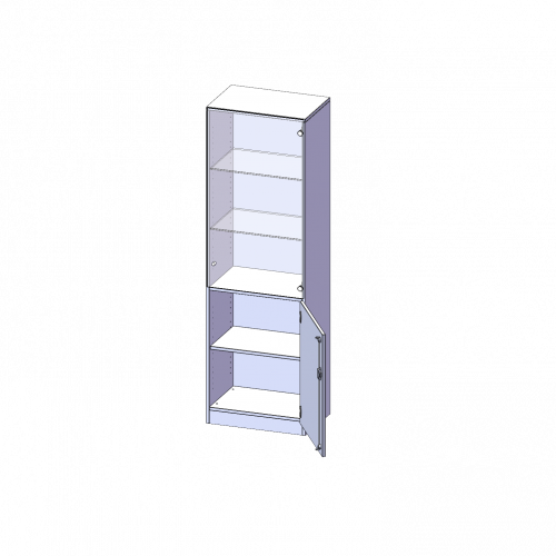 Schrank, 5 Ordnerhöhen, unten Tür (2 OH), oben Vitrinentür (3 OH) - Serie evo180 B/H/T: 60x190x50 cm, 1 geschlossene und 1 Glastür, abschließbar, Türen öffnen nach rechts, Sockel