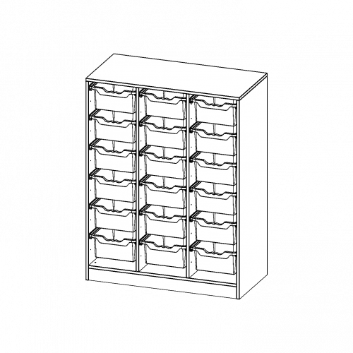ErgoTray Regal, dreireihig, 3,5 Ordnerhöhen - evo180 Serie B/H/T: 104,5x136x40 cm, mit Sockel (81 mm), 18 hohe ErgoTray Boxen