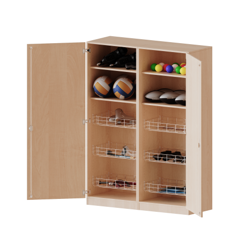 Sportschrank, 5 Ordnerhöhen - Serie evo180 Breite 140,6 cm, Gesamthöhe 190 cm, 6 Ballkörbe, mit Sockel (81 mm)