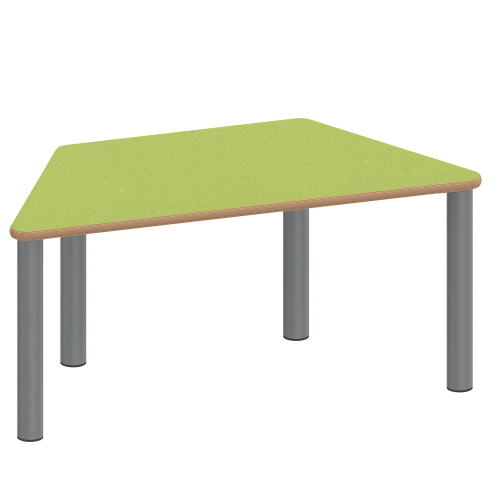 Tisch ZALOTTI mit Linoleum-Belag Trapeztisch, B/H/T: 140x46x70 cm, Stahlrohrbeine Ø 60 mm, Fußvariante: Stellfuß, Tischbeine mit RAL-Farbe 9006 (weißaluminium)