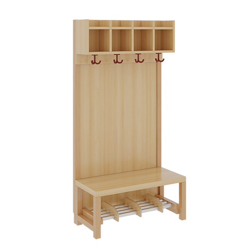 Komplettgarderobe mit einfacher Ablagereihe B/H/T: 80x158x39 cm, 4 Plätze, Sitzhöhe 42 cm, Stütze mit Paneelrückwand in Buche-hell, Alurohr-Schuhrost mit Trennungen