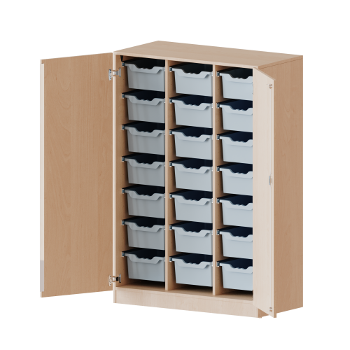 ErgoTray Schrank, dreireihig, 4 Ordnerhöhen - evo180 Serie B/H/T: 104,5x154x50 cm, zweitürig, mit Sockel (81 mm), mit 21 hohen ErgoTray Boxen