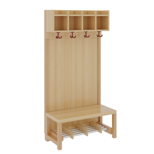 Komplettgarderobe mit einfacher Ablagereihe B/H/T: 80x130x39 cm, 4 Plätze, Sitzhöhe 34 cm, Stütze mit Paneelrückwand in Buche-hell, Alurohr-Schuhrost mit Trennungen