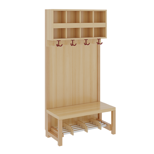 Komplettgarderobe mit doppelter Ablagereihe B/H/T: 80x158x39 cm, 4 Plätze, Sitzhöhe 42 cm, Stütze mit Paneelrückwand in Buche-hell, Schuhrost aus Aluminiumrohren mit Trennungen