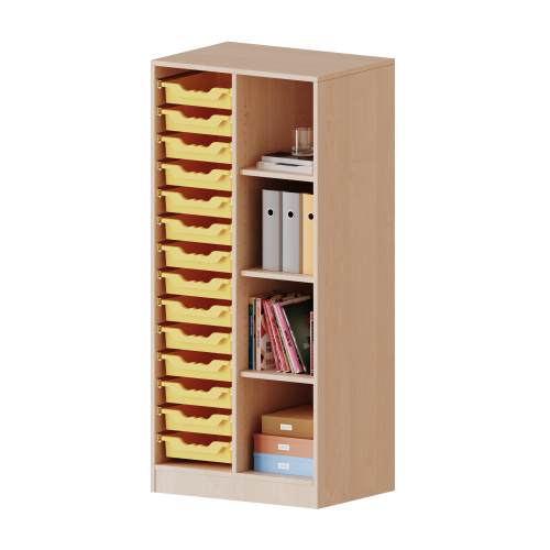 ErgoTray Regal, zweireihig, 4 Ordnerhöhen - evo180 Serie B/H/T: 70,3x154x40 cm, mit Sockel (81 mm), rechts 4 Fächer, links 14 flache ErgoTray Boxen