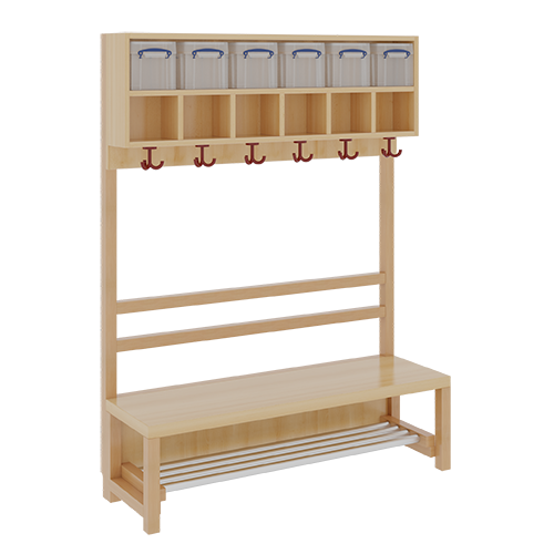 Komplettgarderobe mit doppelter Ablagereihe inklusive Boxen B/H/T: 120x158x39 cm, 6 Plätze, Sitzhöhe: 42 cm, offene Stütze in Buche-massiv, mit Schuhrost aus Aluminiumrohren