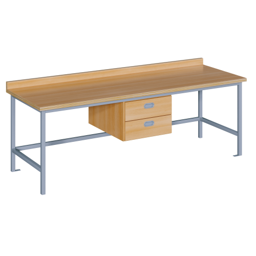 Werkbank mittig 2 Schübe untereinander B/H/T: 150x64x70 cm, Werkbank mit zwei Schüben mittig, Stahlgestell mit RAL-Farbe 9006 (weißaluminium)