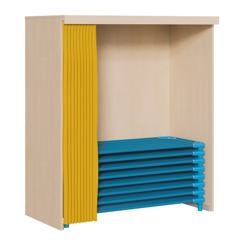 Regal für Stapelliegen B/H/T: 140x180x60/65 cm, für max. 20 Liegen - 130 cm lang, komplett mit Vorhang und Vorhangeinrichtung