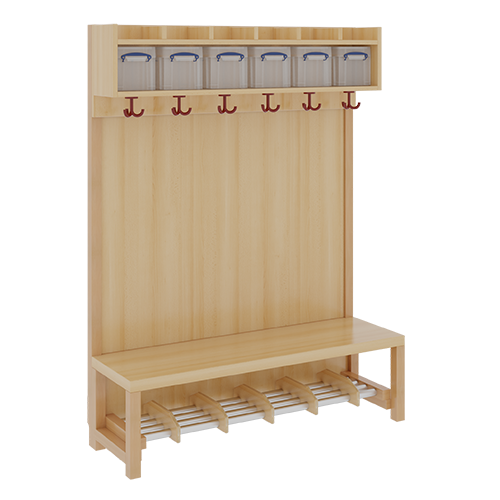 Komplettgarderobe mit einfacher Ablage inklusive Boxen B/H/T: 120x158x39 cm, 6 Plätze, Sitzhöhe 42 cm, mit Paneelrückwand, Schuhrost aus Aluminiumrohren mit Trennungen