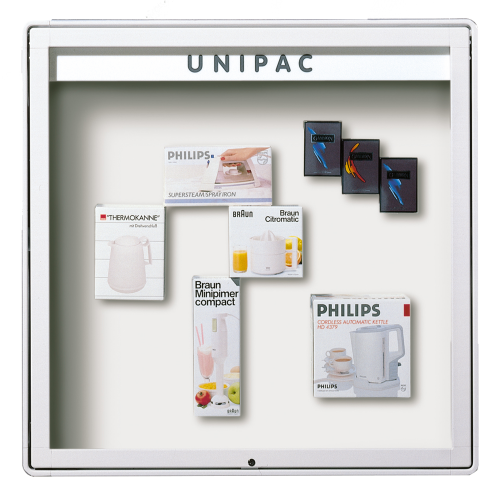 Vitrine W7 mit Klapptür zur Wandmontage B/H/T: 107x107x6,5 cm, Rückwand Stahl