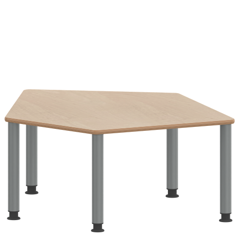 Tisch ZALOTTI mit Schichtstoff-Belag Fünfecktisch-klein, B/H/T: 121x64x110 cm, Stahlrohrbeine Ø 60 mm, Fußvariante: höhenverstellbar (64/78 cm), Tischbeine mit RAL-Farbe 9006 (weißaluminium)