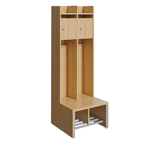 Spindgarderobe, kleine Tür B/H/T: 56x160x55 cm, 2 Plätze, Türen rechts, Bank aus feuerhemmendem Material, Schuhrost, 3fach-Haken