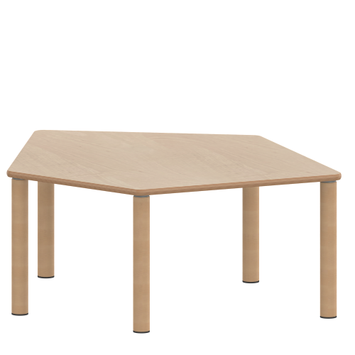 Tisch ZALOTTI mit Schichtstoff-Belag Fünfecktisch-klein, B/H/T: 121x25x110 cm, Massivholzbeine Ø 60 mm, Fußvariante: Stellfuß