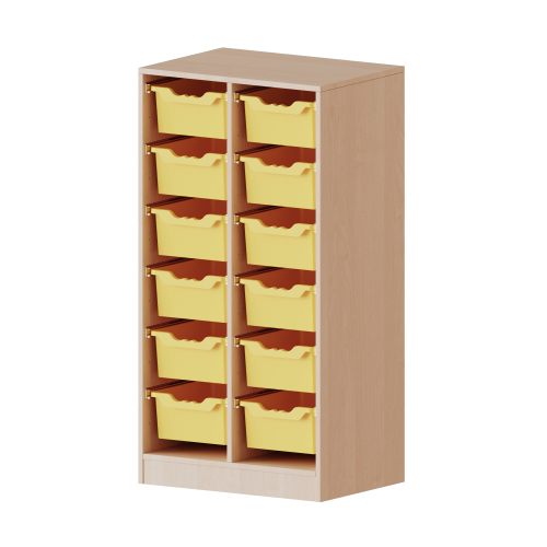ErgoTray Regal, zweireihig, 3,5 Ordnerhöhen - evo180 Serie B/H/T: 70,3x136x40 cm, mit Sockel (81 mm), 12 hohe ErgoTray Boxen