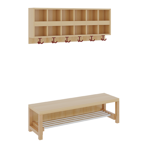 Komplettgarderobe mit doppelter Ablagereihe B/T: 120x35 cm, 6 Plätze, Sitzhöhe: 26 cm, 2teilig ohne Stütze, Ablage zur Wandmontage, mit Schuhrost aus Aluminiumrohren