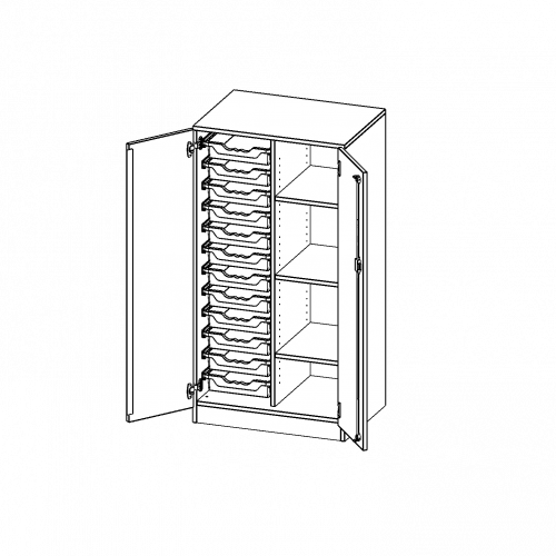 ErgoTray Schrank, zweireihig, 3,5 Ordnerhöhen - evo180 Serie B/H/T: 70,3x136x50 cm, zweitürig, mit Sockel (81 mm), mit 12 flachen ErgoTray Boxen