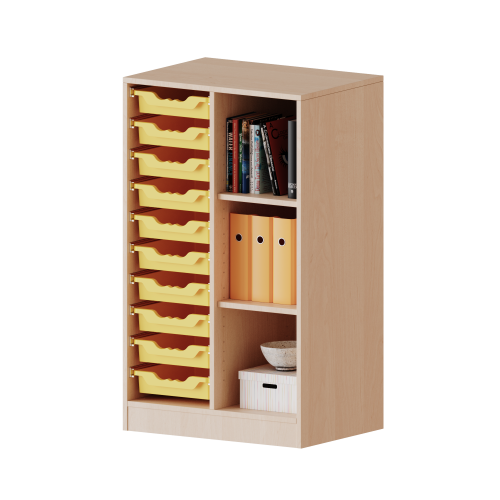 ErgoTray Regal, zweireihig, 3 Ordnerhöhen - evo180 Serie B/H/T: 70,3x118x40 cm, fahrbar, rechts 3 Fächer, links 10 flache ErgoTray Boxen