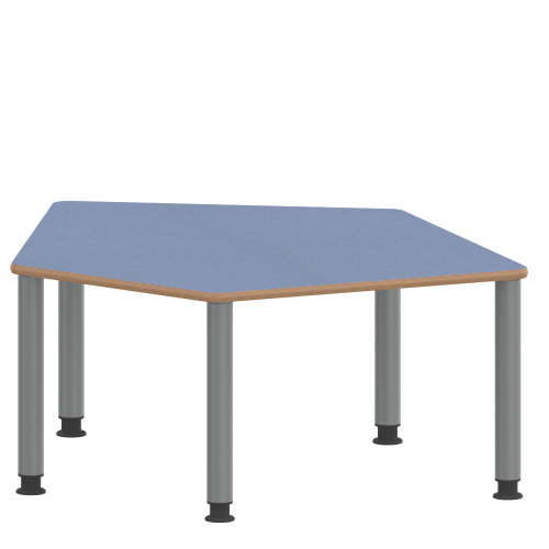 Tisch ZALOTTI mit Linoleum-Belag Fünfecktisch-klein, B/H/T: 121x53x110 cm, Stahlrohrbeine Ø 60 mm, Fußvariante: höhenverstellbar (53/67 cm), Tischbeine mit RAL-Farbe 9006 (weißaluminium)