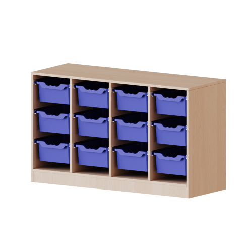 ErgoTray Regal, vierreihig, 2 Ordnerhöhen - evo180 Serie B/H/T: 138,7x82x50 cm, fahrbar, 12 hohe ErgoTray Boxen
