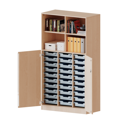 ErgoTray Kombi-Schrank, dreireihig, 5 Ordnerhöhen - evo180 Serie B/H/T: 104,5x190x50 cm, unten 3 OH Türen und 30 flache ErgoTray Boxen, oben 2 OH Regal, Sockel, mit Mittelwand