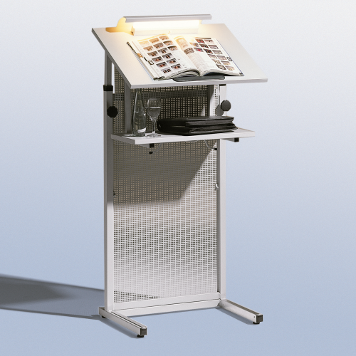 Rednerpult mit Lochblech Frontblende der Serie RP 7 B/H/T: 60x106-128x45 cm, fahrbar