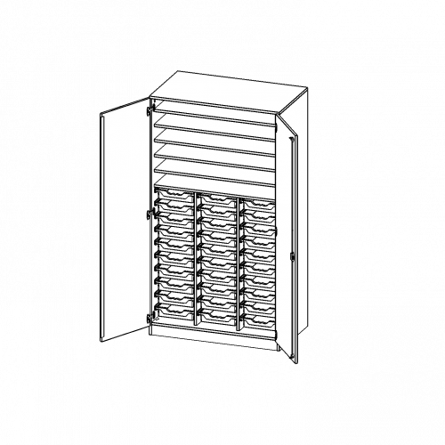 Bastelschrank, 5 Ordnerhöhen - Serie evo180 B/H/T: 104,5x190x65 cm, 2-türiger Schrank mit 30 flachen ErgoTray Boxen, mit Sockel (81 mm)