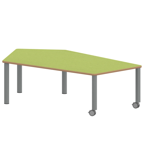 Tisch ZALOTTI mit Linoleum-Belag Fünfecktisch-groß, B/H/T: 185x25x104 cm, Stahlrohrbeine Ø 60 mm, Fußvariante: fahrbar, Tischbeine mit RAL-Farbe 9006 (weißaluminium)
