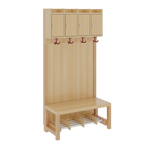 Komplettgarderobe mit Ablagen und Türen B/H/T: 80x158x39 cm, 4 Plätze, Sitzhöhe: 26 cm, Stütze mit Paneelrückwand, Schuhrost aus Aluminiumrohren mit Facheinteilungen
