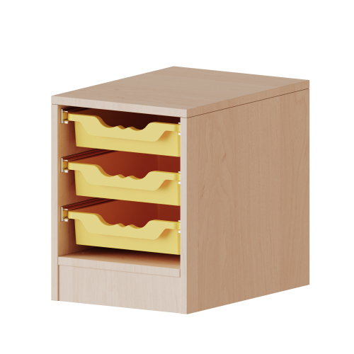 ErgoTray Regal, einreihig, 1 Ordnerhöhe - evo180 Serie B/H/T: 36,1x46x50 cm, mit Möbelstellfüßen, 3 flache ErgoTray Boxen