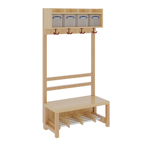 Komplettgarderobe mit einfacher Ablage inklusive Boxen B/H/T: 80x158x39 cm, 4 Plätze, Sitzhöhe 42 cm, offene Stütze, Schuhrost aus Aluminiumrohren mit Trennungen