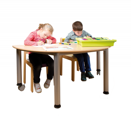 Fahrbarer halbrunder Tisch, Platte mit Schichtstoff B/T: 160 x 80 cm, bzw. R 80 cm, wählbare Tischhöhe, Stahlrohr-Füße Ø 60