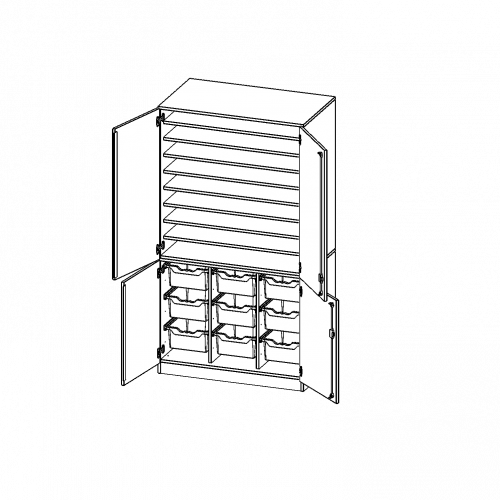 Bastelschrank, 5 Ordnerhöhen - Serie evo180 B/H/T: 104,5x190x65 cm, 4-türiger Schrank mit 9 hohen ErgoTray Boxen, zweiteilig, mit Sockel (81 mm)