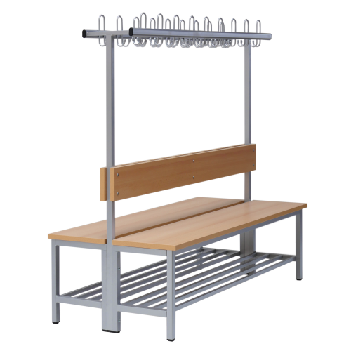 Umkleidebank doppelseitig mit Sitzfläche Melamin und Hakenleiste B/H/T: 100x45/155x73 cm, Sitzbank doppelseitig mit Schuhrost, Dreifachhaken, Gestellfarbe nach RAL