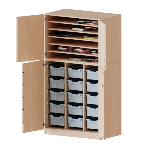 Bastelschrank, 5 Ordnerhöhen - Serie evo180 4-türiger Schrank mit 15 hohen ErgoTray Boxen, zweiteilig