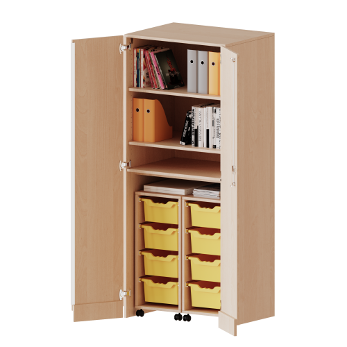 Garagenschrank ohne Sockel, 5 Ordnerhöhen - Serie evo180 B/H/T: 80x190x60 cm, 2 Container mit je 4 hohen ErgoTray Boxen