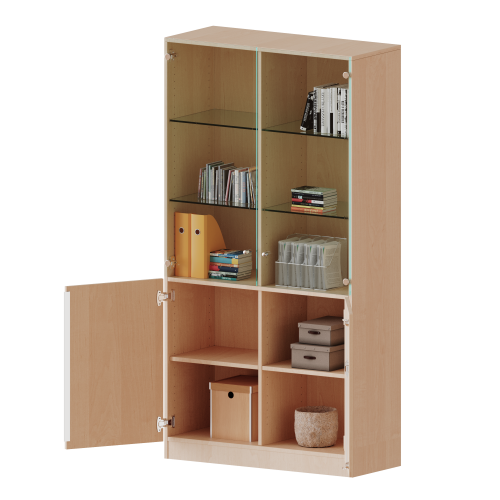 Schrank, 5 Ordnerhöhen, unten Türen (3 OH), oben Vitrinentüren (2 OH) - Serie evo180 B/H/T: 120x190x50 cm, 2 geschlossene und 2 Glastüren, abschließbar, mit Sockel (81 mm)