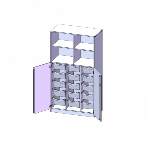 ErgoTray Kombi-Schrank, dreireihig, 5 Ordnerhöhen - evo180 Serie B/H/T: 104,5x190x50 cm, unten 3 OH Türen und 15 hohe ErgoTray Boxen, oben 2 OH Regal, Sockel, mit Mittelwand